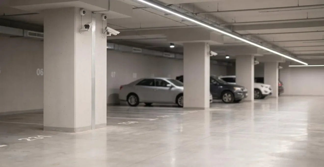 Intérieur d'un parking couvert sécurisé proche de Roissy CDG avec caméras visibles
