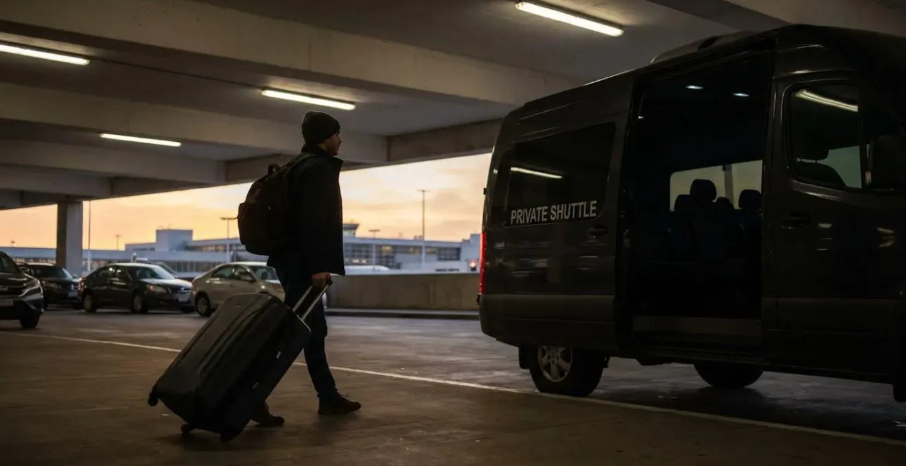 Voyageur tirant sa valise vers une navette de parking privé près de CDG