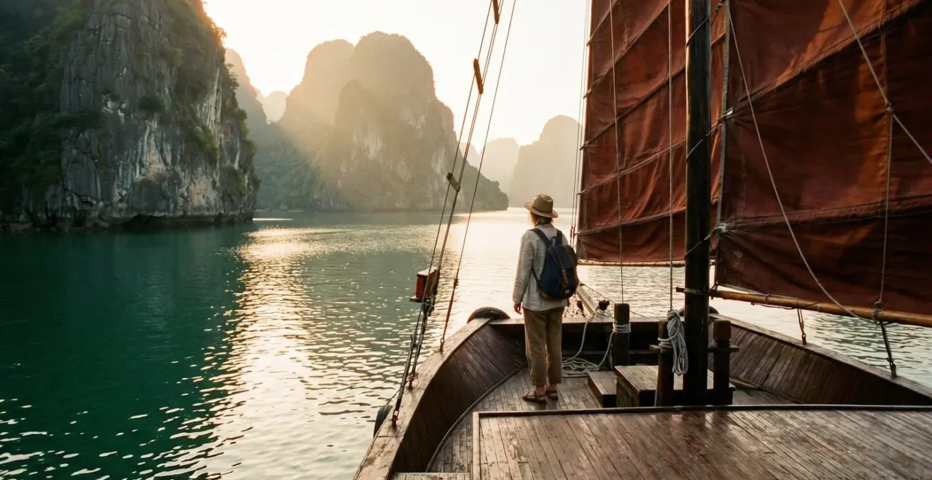 Voyageur contemplant les formations karstiques de la baie d'Along au coucher du soleil, Vietnam
