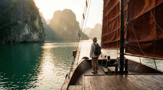 Voyageur contemplant les formations karstiques de la baie d'Along au coucher du soleil, Vietnam