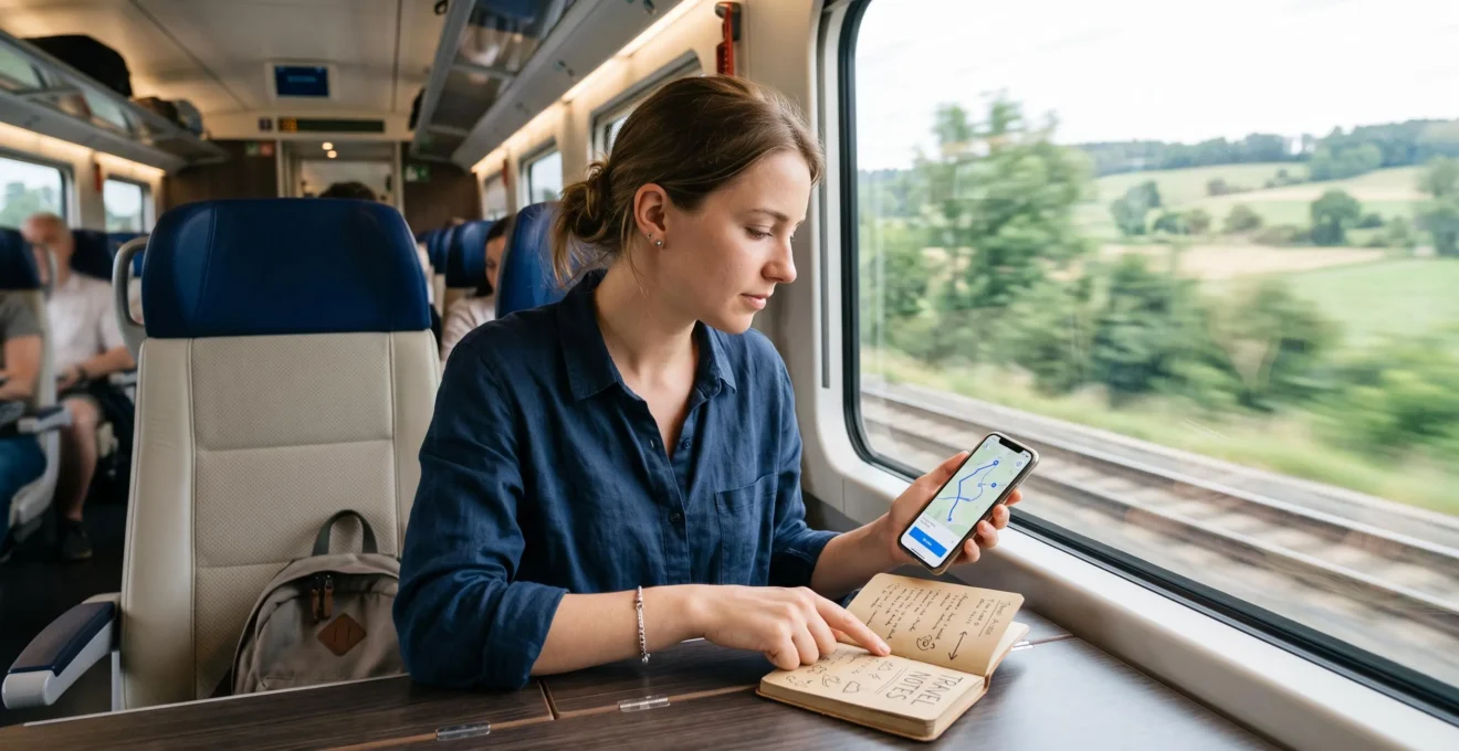 Un voyageur consulte une carte sur son smartphone à bord d'un train à grande vitesse européen.