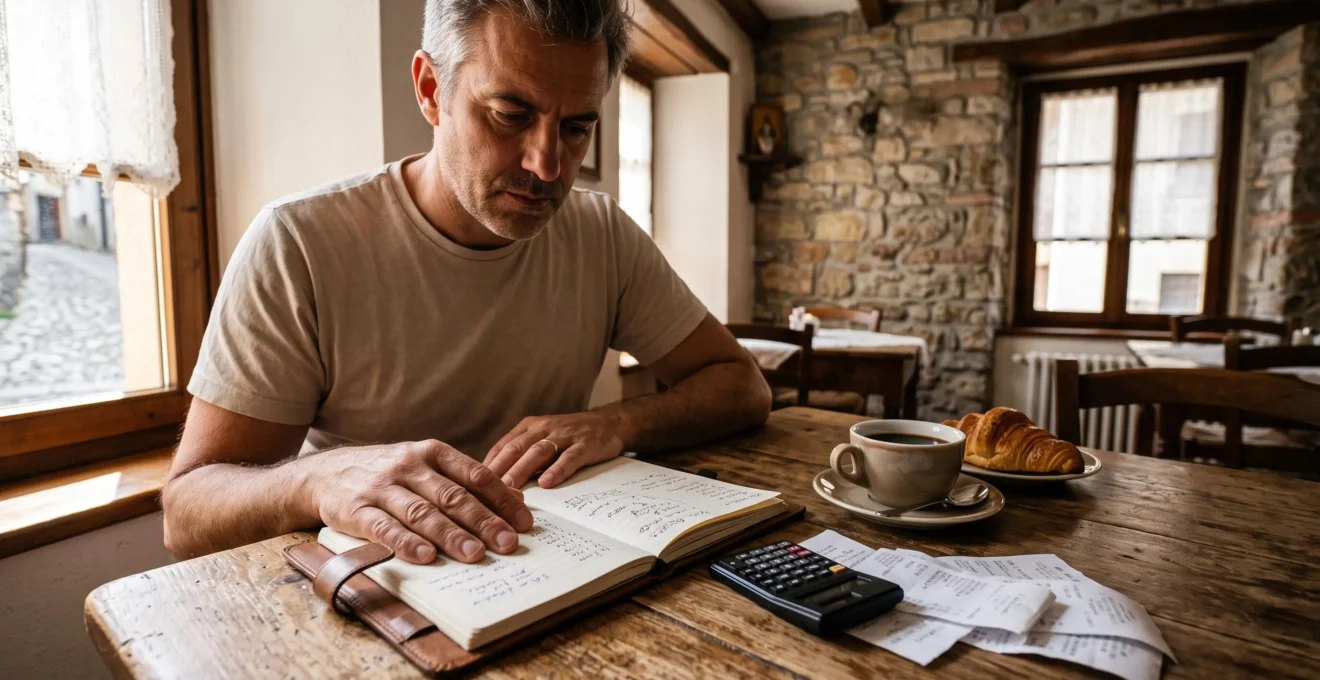 Un voyageur vérifie son budget dans un carnet manuscrit à la table d'une maison d'hôtes européenne.