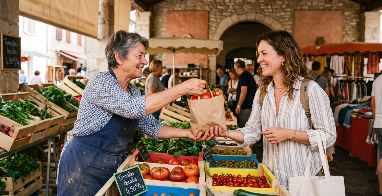 Une voyageuse achète des produits frais à une vendeuse locale sur un marché couvert méditerranéen.